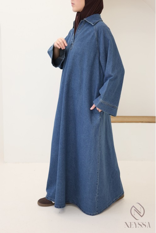 Long denim dress with shirt collar, 100% cotton, modest autumn look.