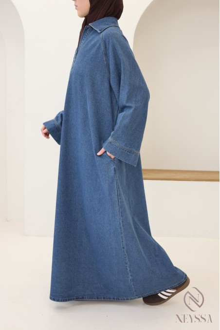 Long denim dress with shirt collar, 100% cotton, modest autumn look.