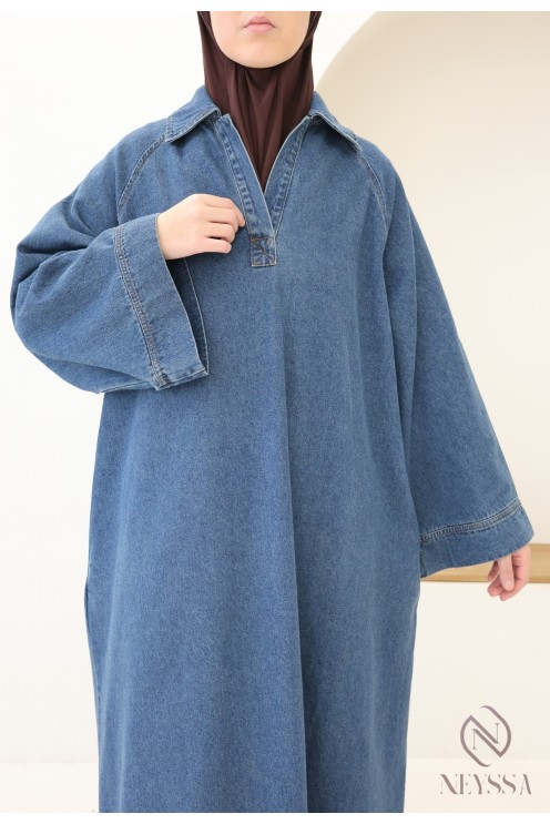 Robe longue en jean col chemise, 100% coton, look automne modeste