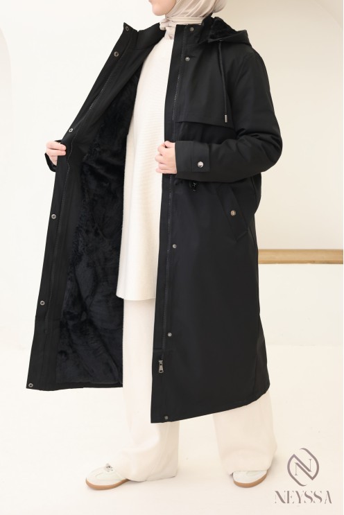 Longue parka noir intérieur fourrure, tissu réfractaire à l'eau