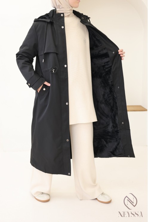 Longue parka noir intérieur fourrure, tissu réfractaire à l'eau