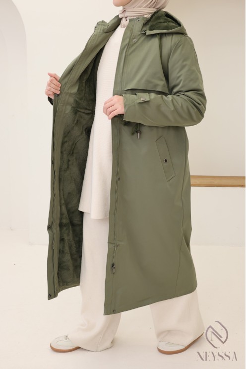 Long women's khaki parka with modest hood and fur lining