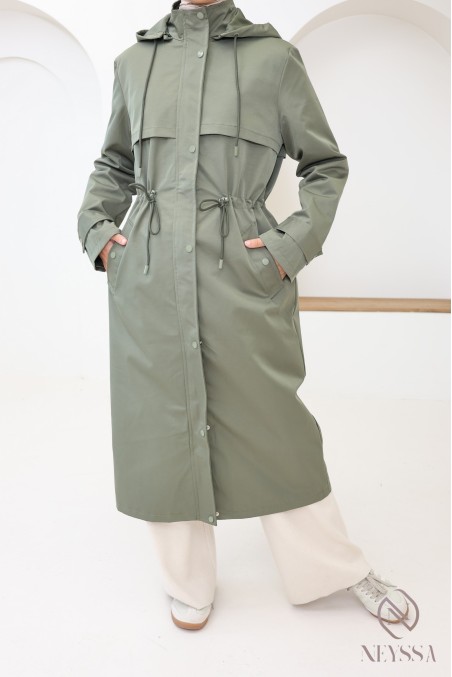 Long women's khaki parka with modest hood and fur lining