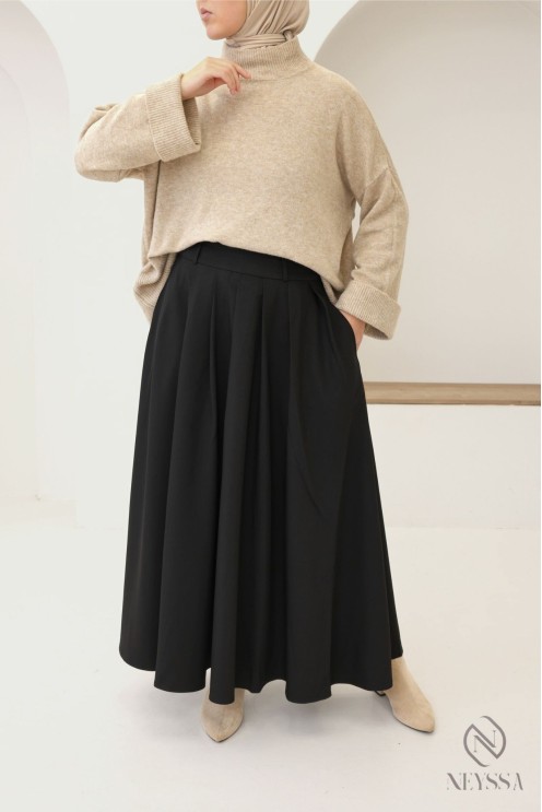 jupe longue tailleur à pinces avec poches, coupe évasée