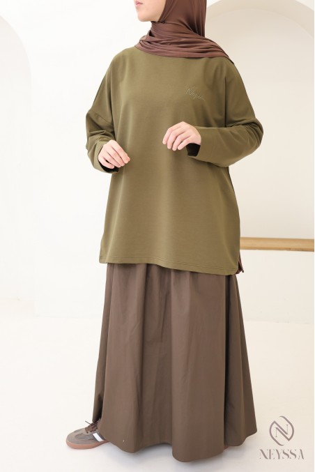 T-shirt kaki en coton oversize pour femme hijabi tendance
