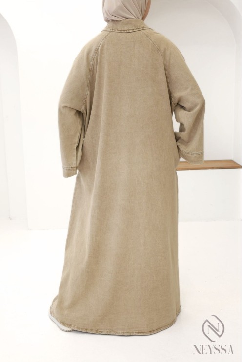 Long denim dress with shirt collar, 100% cotton, modest autumn look.