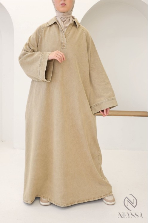 Long denim dress with shirt collar, 100% cotton, modest autumn look.