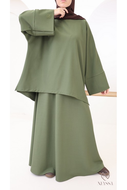 Women's khaki long flared skirt + microfiber tunic set