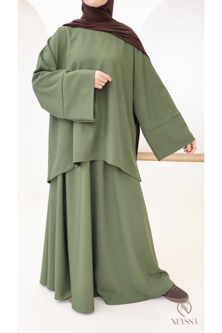 Women's khaki long flared skirt + microfiber tunic set