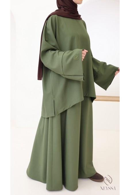 Women's khaki long flared skirt + microfiber tunic set