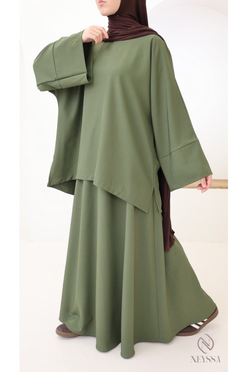 Women's khaki long flared skirt + microfiber tunic set