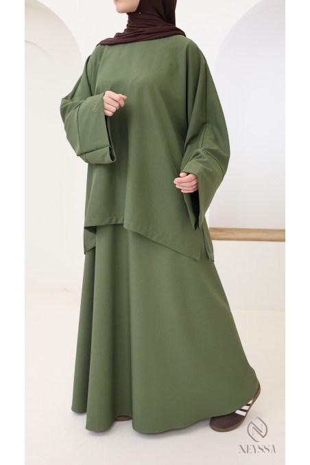Ensemble kaki jupe longue évasée + tunique en microfibre femme
