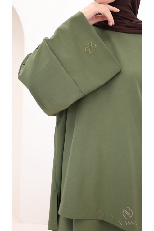 Women's khaki long flared skirt + microfiber tunic set