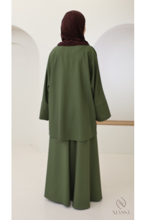 Ensemble kaki jupe longue évasée + tunique en microfibre femme