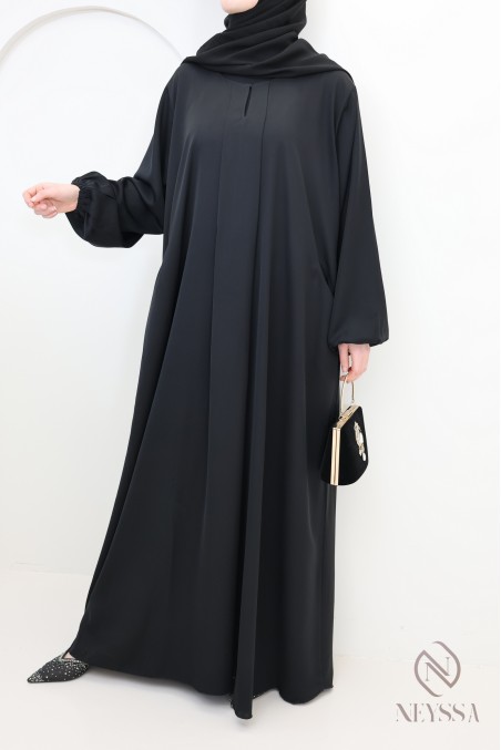 Abaya Dubaï noir simple coupe évasée avec poches pour hijabi