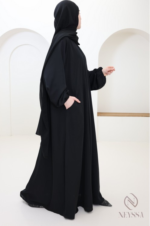 Abaya Dubaï noir simple coupe évasée avec poches pour hijabi
