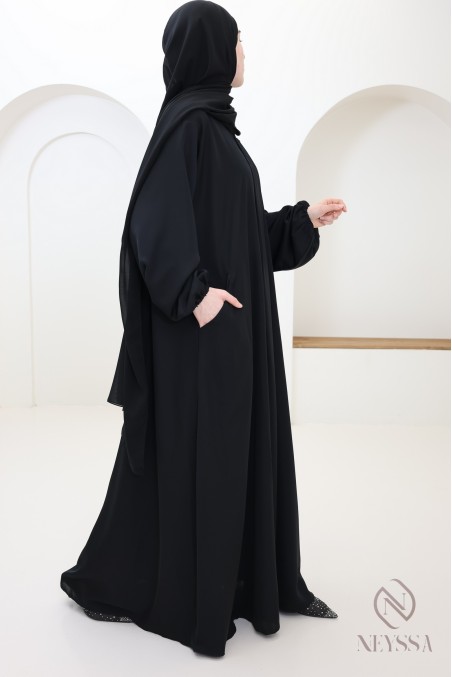 Abaya Dubai schwarz einfach ausgestellt geschnitten mit Taschen Hijabi