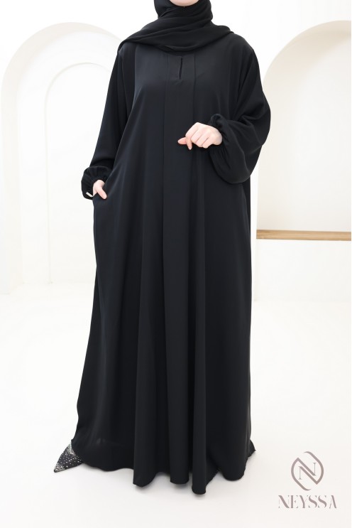 Abaya Dubaï noir simple coupe évasée avec poches pour hijabi