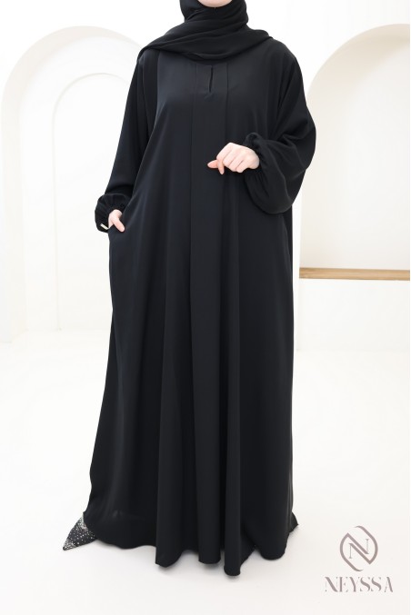 Abaya Dubaï noir simple coupe évasée avec poches pour hijabi
