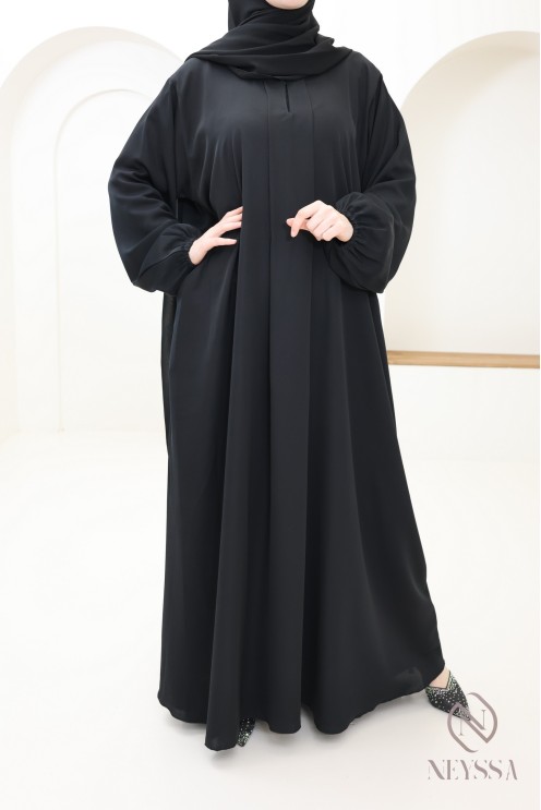 Abaya Dubaï noir simple coupe évasée avec poches pour hijabi
