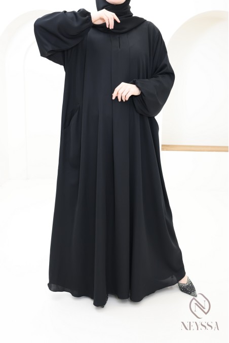 Abaya Dubai schwarz einfach ausgestellt geschnitten mit Taschen Hijabi