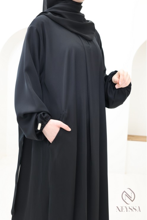 Abaya Dubai schwarz einfach ausgestellt geschnitten mit Taschen Hijabi