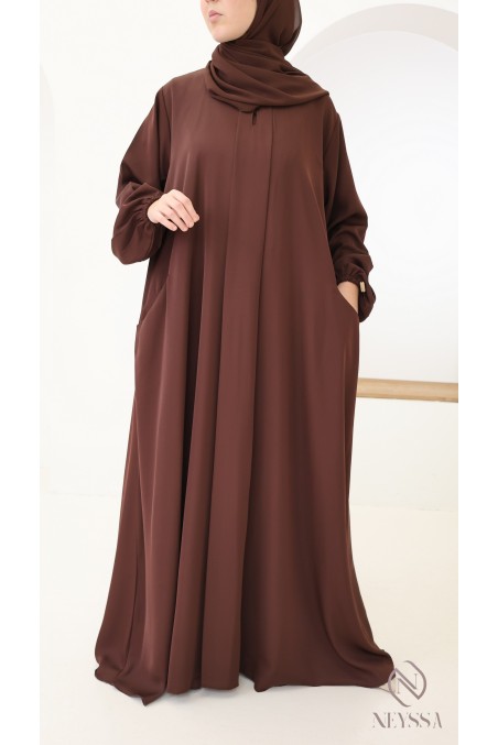 Braune Abaya Dubai aus Nidah-Stoff mit Taschen + Hijab inklusive