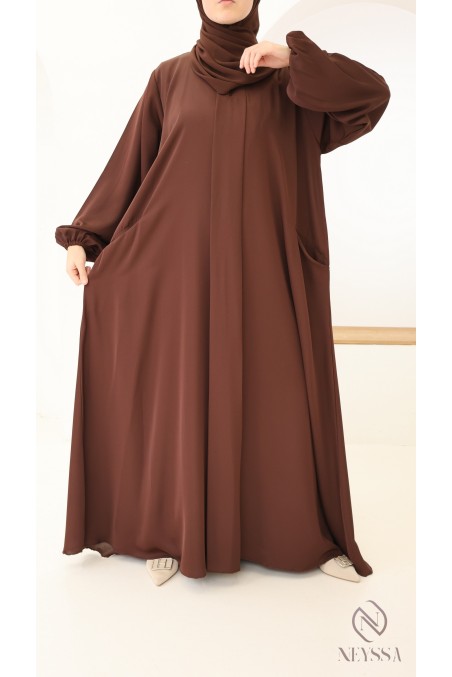 Abaya Dubaï marron en tissu Nidah avec poches + hijab inclus