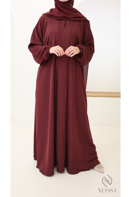 Flared burgundy Dubai abaya with silk pockets by Nidah + hijab