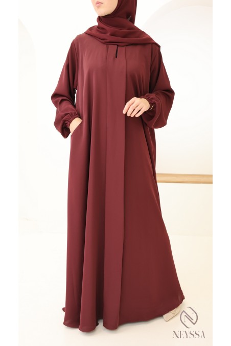 Flared burgundy Dubai abaya with silk pockets by Nidah + hijab
