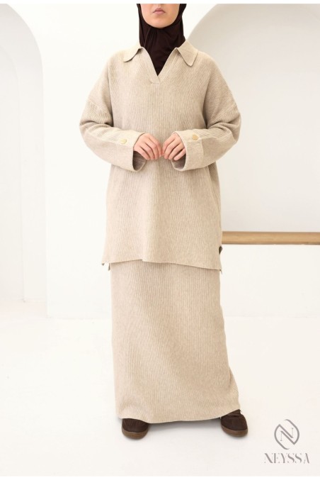 Ensemble jupe maille tissée, tunique col polo avec jupe modeste