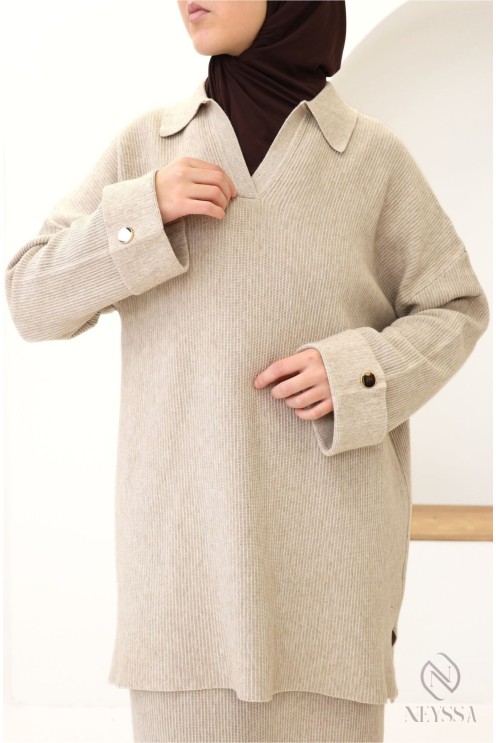 Ensemble jupe maille tissée, tunique col polo avec jupe modeste