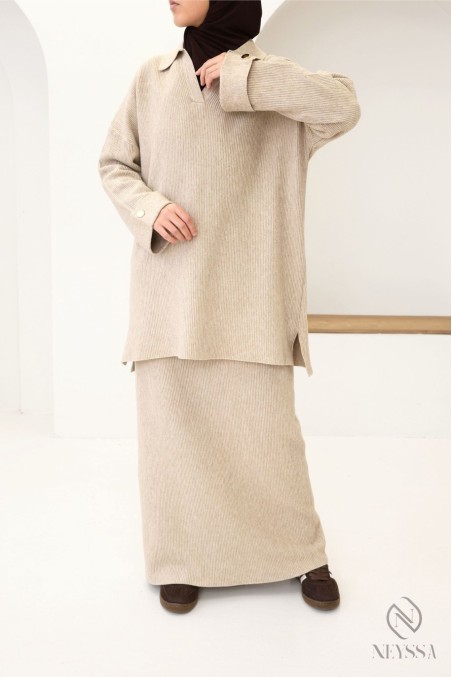 Woven knit skirt set, polo neck tunic with modest skirt