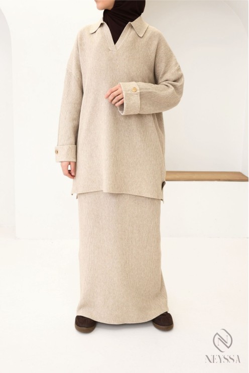 Woven knit skirt set, polo neck tunic with modest skirt