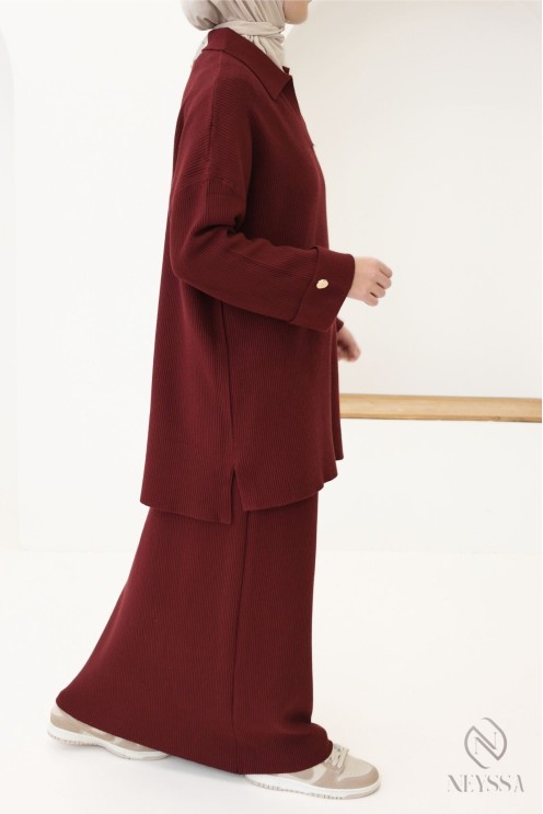 Ensemble 2 pièces : tunique col polo + jupe, tissu maille tissé