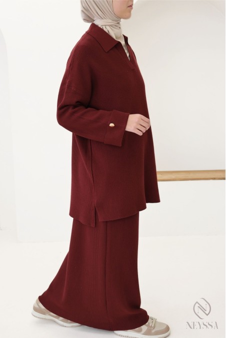 Ensemble 2 pièces : tunique col polo + jupe, tissu maille tissé