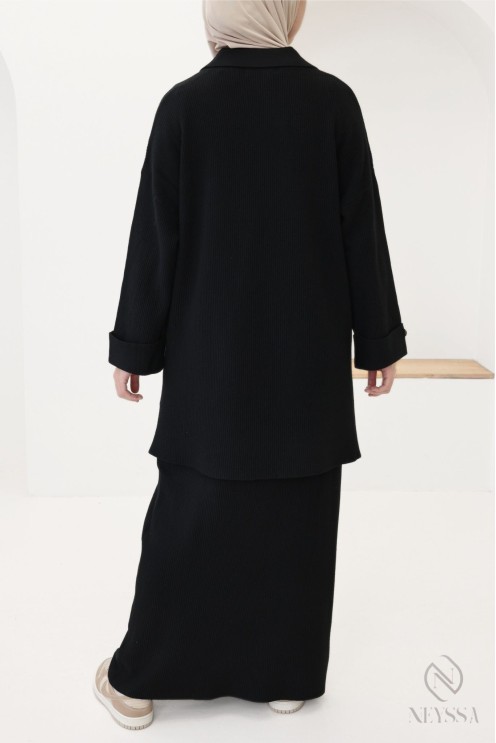 Ensemble femme polo + jupe longue en maille tissée noir