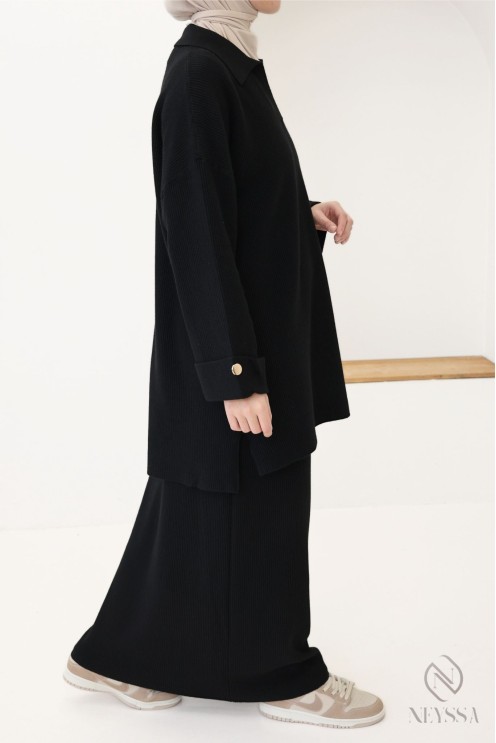 Ensemble femme polo + jupe longue en maille tissée noir