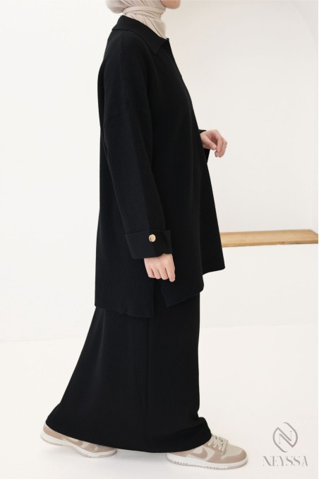 Ensemble femme polo + jupe longue en maille tissée noir