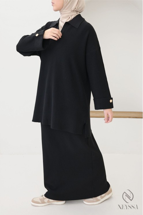 Ensemble femme polo + jupe longue en maille tissée noir