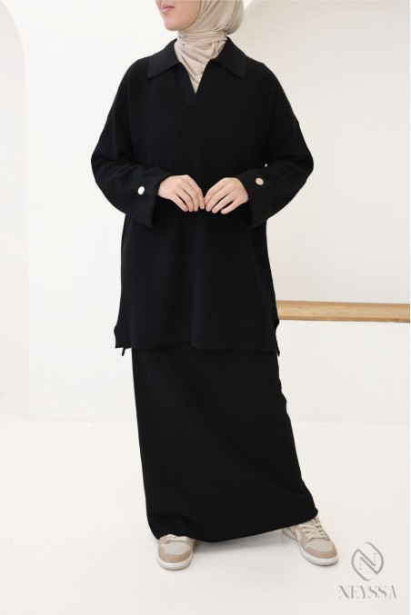 Shirt-style top + long black woven knit skirt set