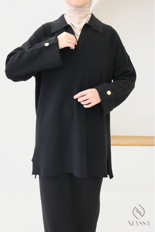 Shirt-style top + long black woven knit skirt set