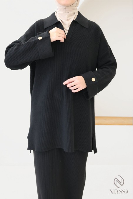 Ensemble femme polo + jupe longue en maille tissée noir