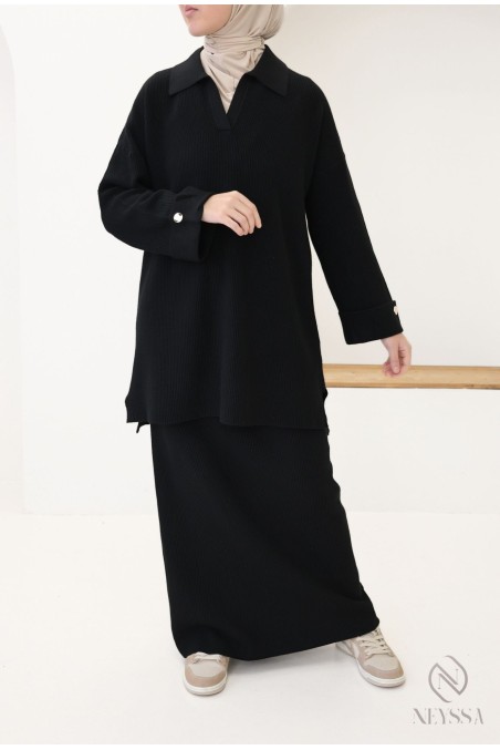 Shirt-style top + long black woven knit skirt set