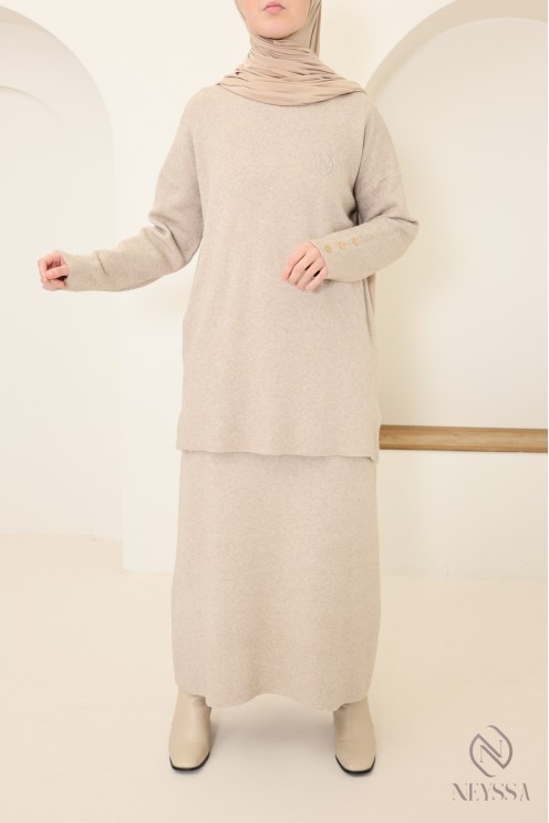 Ensemble beige cosy jupe et tunique maille tissée Neyssa Création