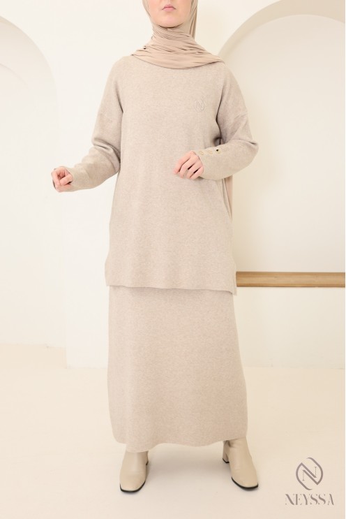 Neyssa Creation beige cosy woven knit skirt and tunic set