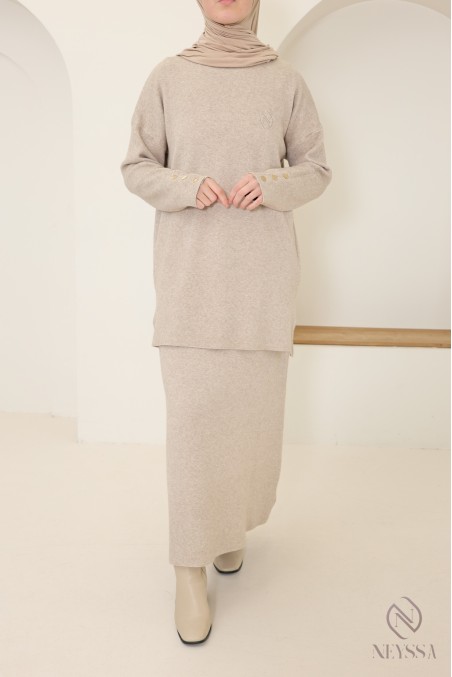 Ensemble beige cosy jupe et tunique maille tissée Neyssa Création
