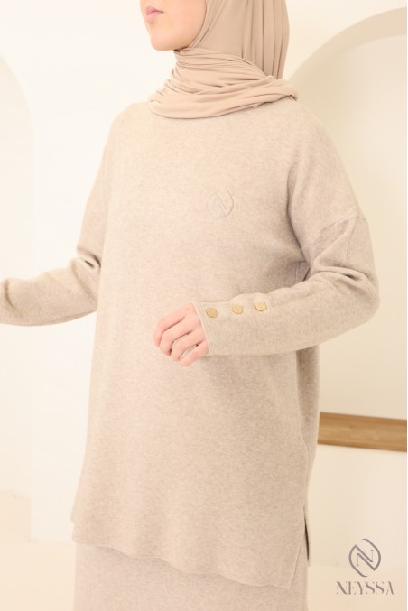 Neyssa Creation beige cosy woven knit skirt and tunic set