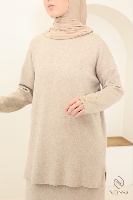 Neyssa Creation beige cosy woven knit skirt and tunic set