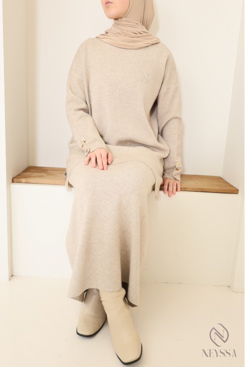 Neyssa Creation beige cosy woven knit skirt and tunic set